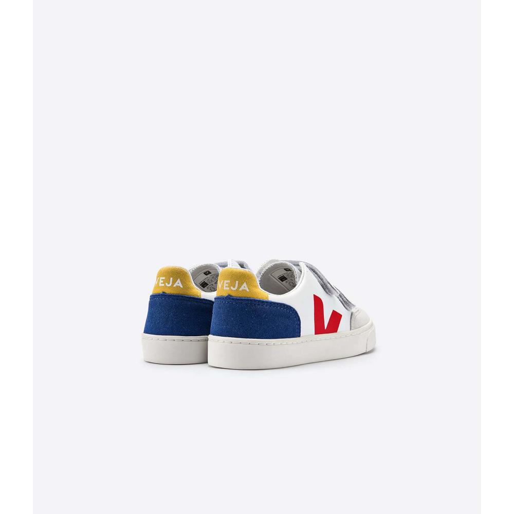 Kids' Veja V-12 LEATHER Sneakers White/Red/Blue | ZA 881HAP